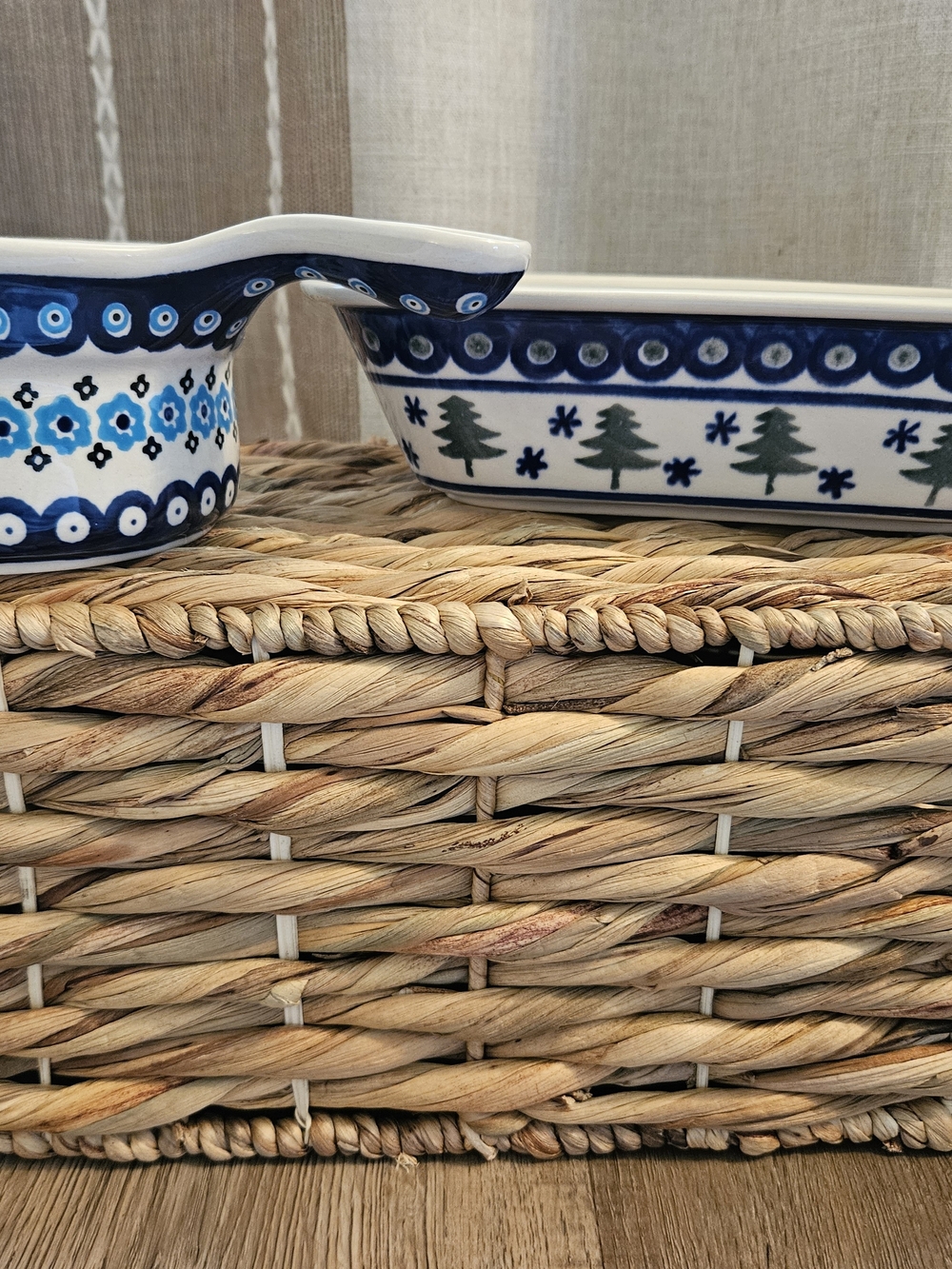 Vtg Boleslawiec Polish Pottery Set - Handled Sauce Pan & Rectangular Tree Baker